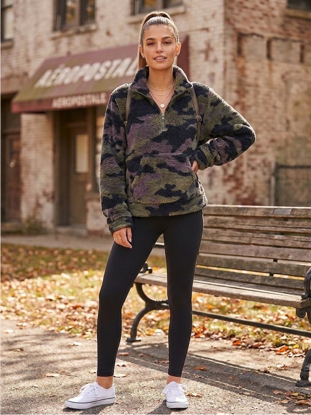 Aeropostale Camo Fleece Quarter Zip Pullover - Olive/Black